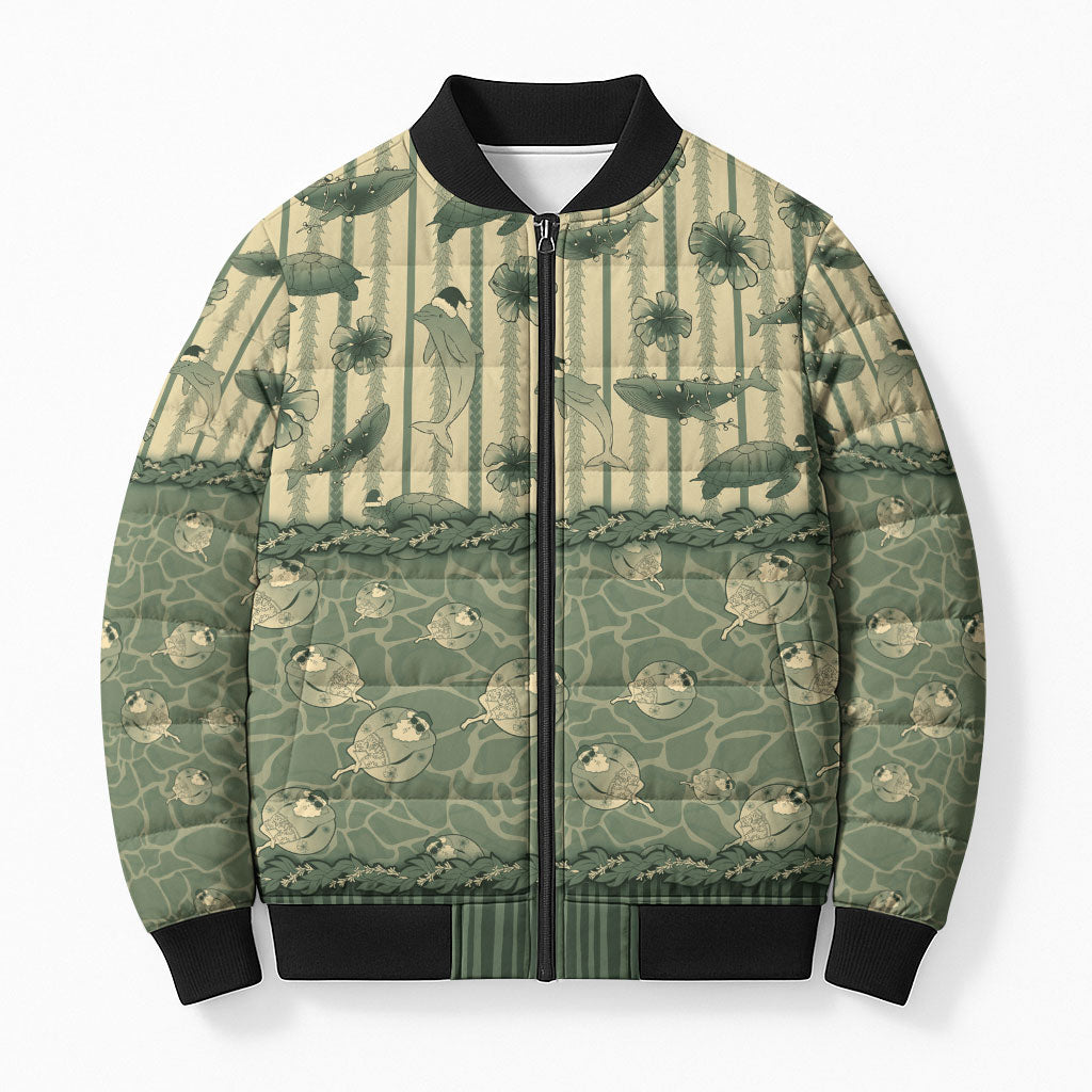 Hawaii Christmas In July Bomber Puffer Jacket Olive Green Mele Kalikimaka Sea Animals