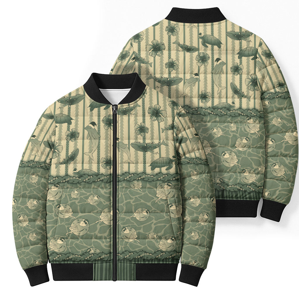 Hawaii Christmas In July Bomber Puffer Jacket Olive Green Mele Kalikimaka Sea Animals