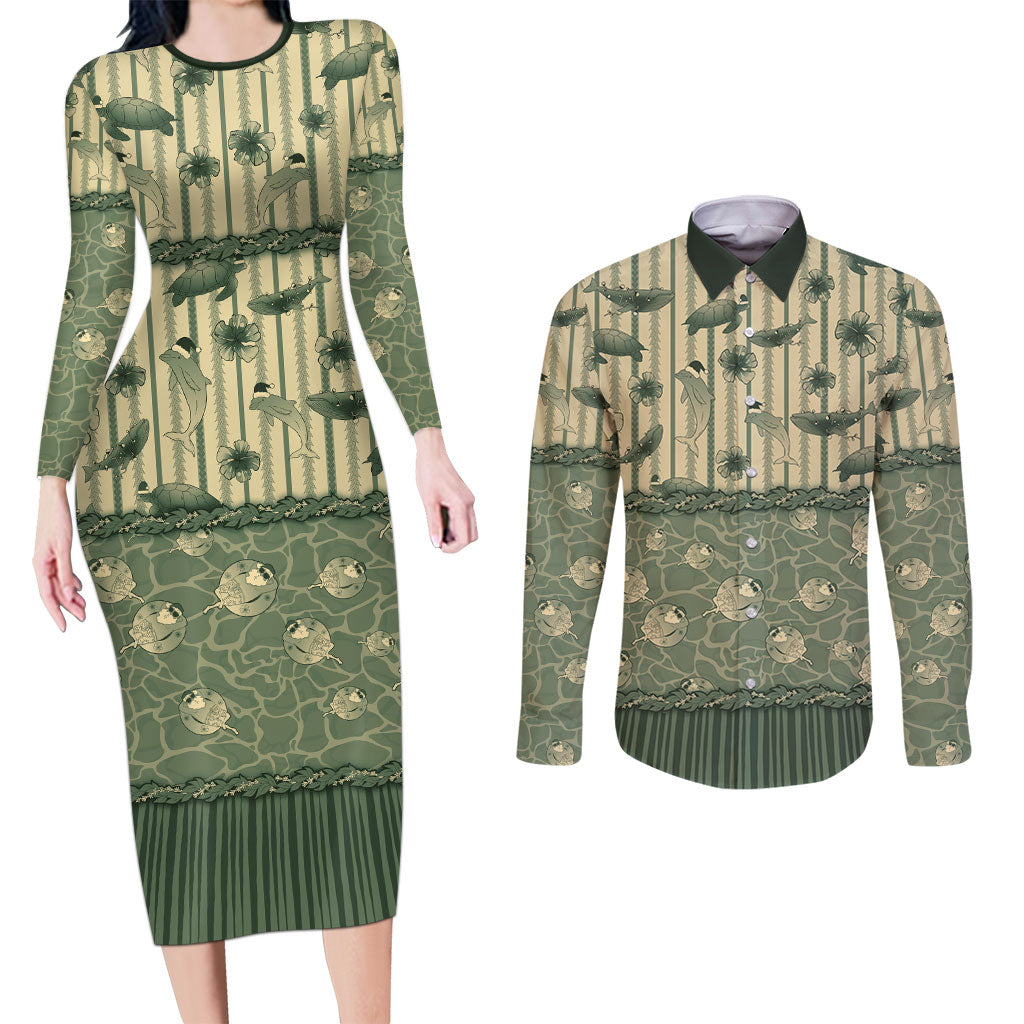 Hawaii Christmas In July Couples Matching Long Sleeve Bodycon Dress and Long Sleeve Button Shirt Olive Green Mele Kalikimaka Sea Animals DT05 Green - Polynesian Pride