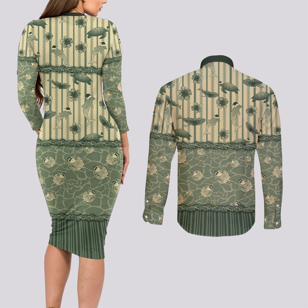 Hawaii Christmas In July Couples Matching Long Sleeve Bodycon Dress and Long Sleeve Button Shirt Olive Green Mele Kalikimaka Sea Animals DT05 - Polynesian Pride
