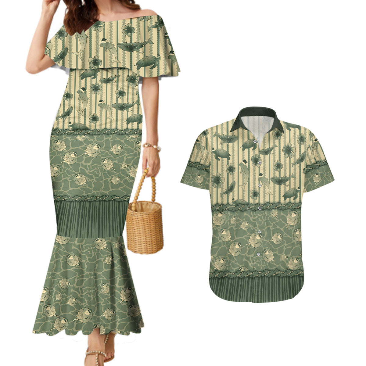 Hawaii Christmas In July Couples Matching Mermaid Dress and Hawaiian Shirt Olive Green Mele Kalikimaka Sea Animals DT05 Green - Polynesian Pride