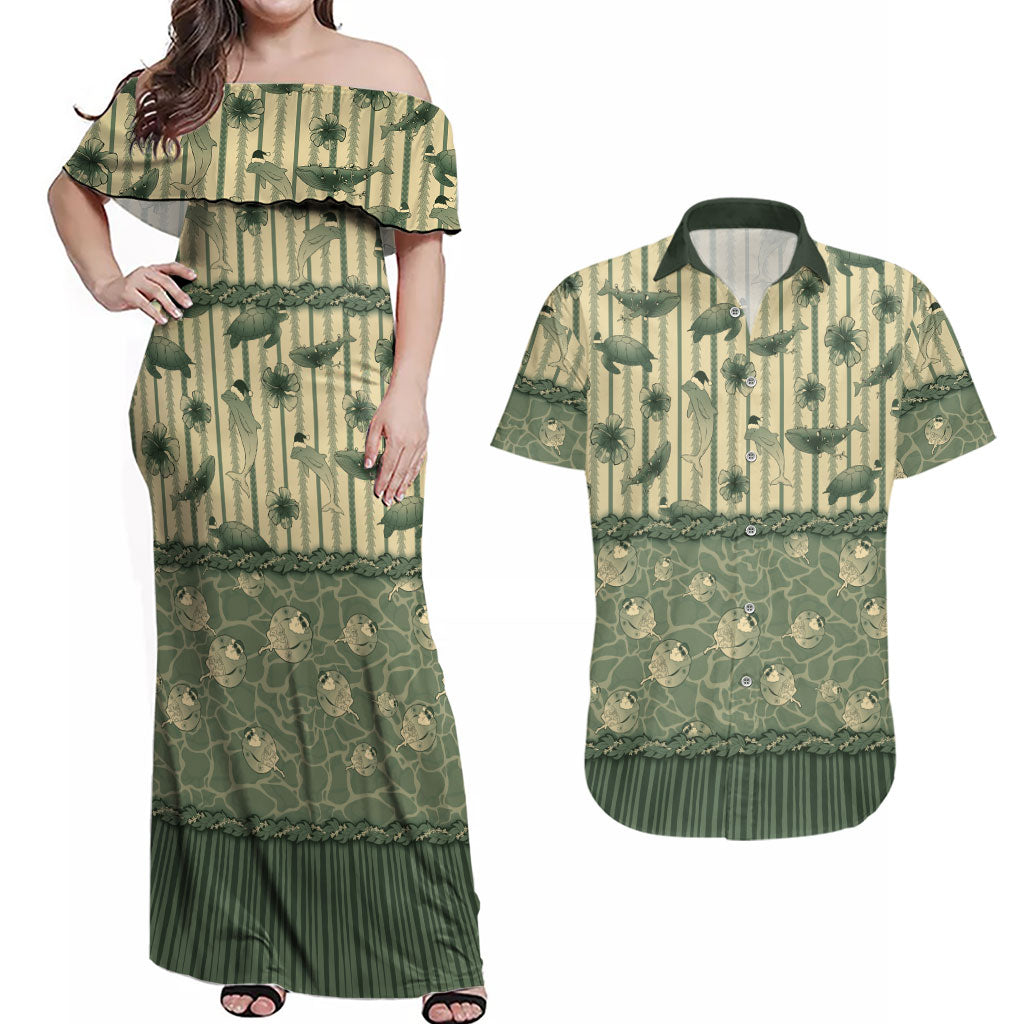 Hawaii Christmas In July Couples Matching Off Shoulder Maxi Dress and Hawaiian Shirt Olive Green Mele Kalikimaka Sea Animals DT05 Green - Polynesian Pride