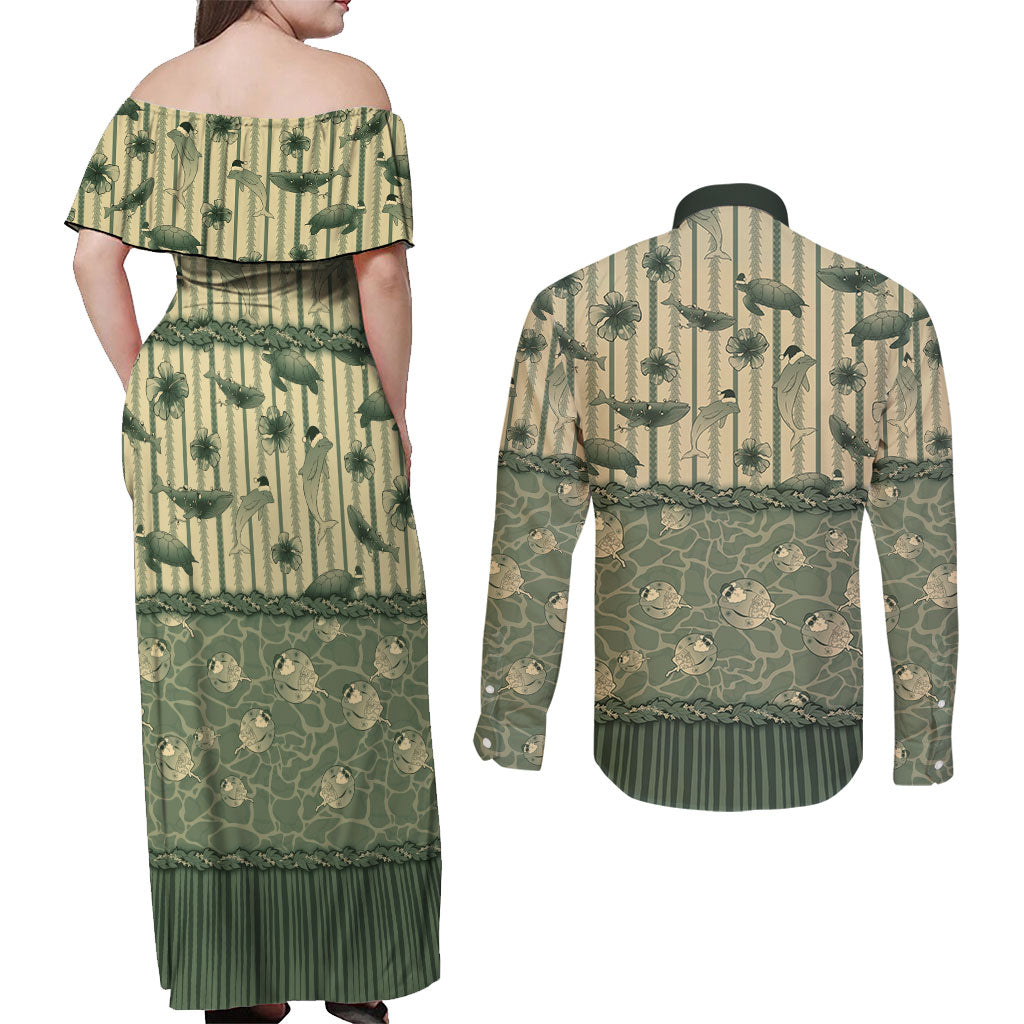 Hawaii Christmas In July Couples Matching Off Shoulder Maxi Dress and Long Sleeve Button Shirt Olive Green Mele Kalikimaka Sea Animals DT05 - Polynesian Pride