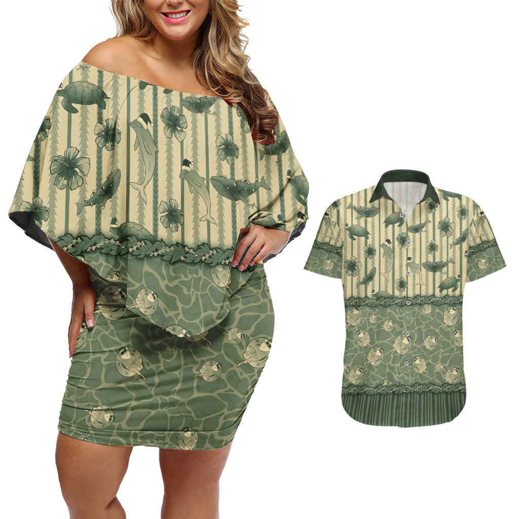 Hawaii Christmas In July Couples Matching Off Shoulder Short Dress and Hawaiian Shirt Olive Green Mele Kalikimaka Sea Animals DT05 Green - Polynesian Pride