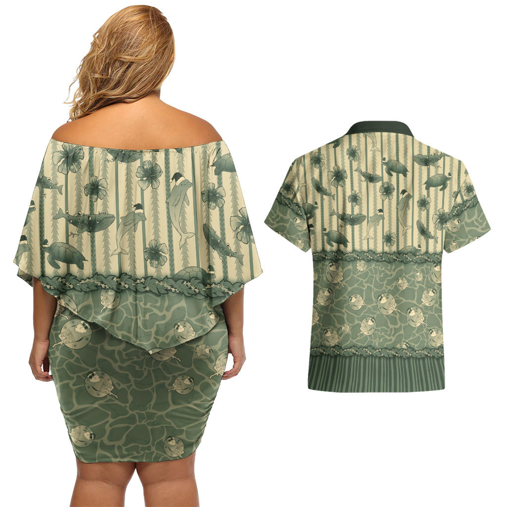 Hawaii Christmas In July Couples Matching Off Shoulder Short Dress and Hawaiian Shirt Olive Green Mele Kalikimaka Sea Animals DT05 - Polynesian Pride