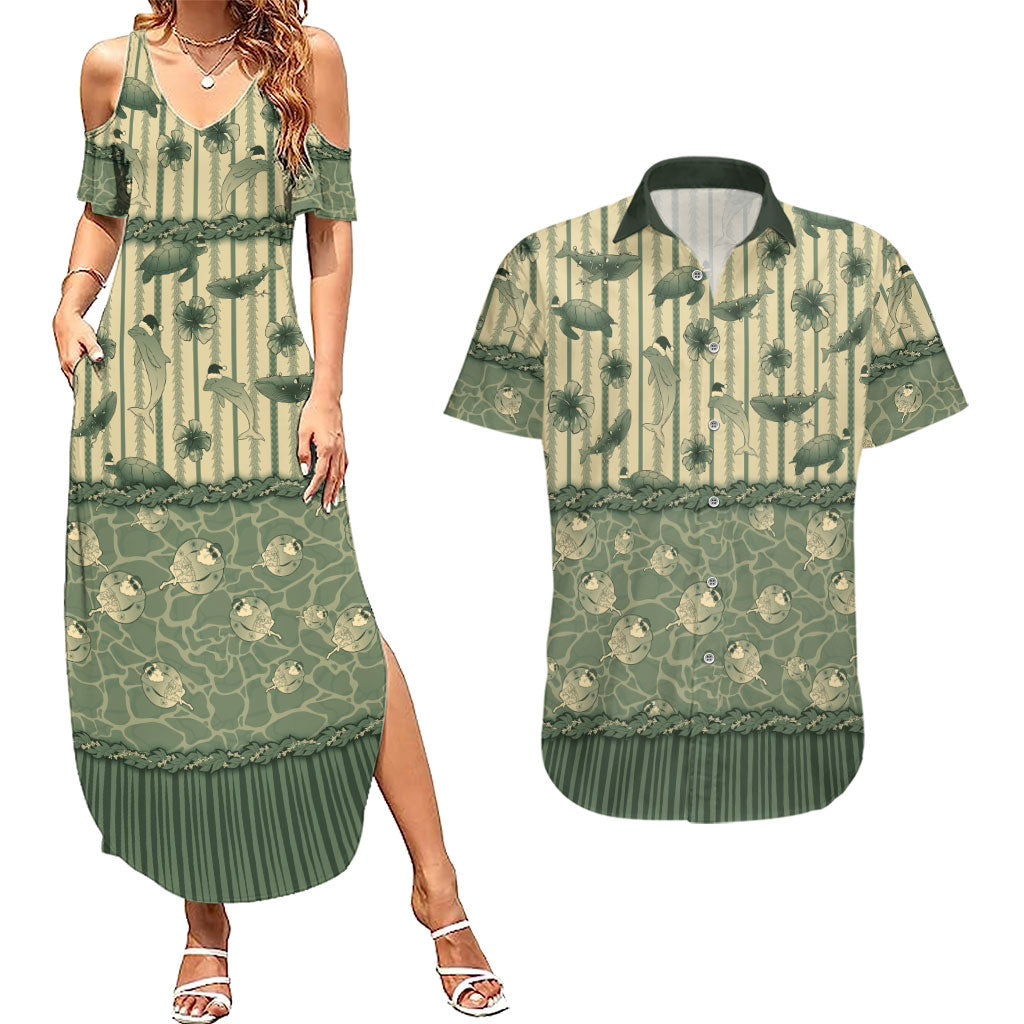 Hawaii Christmas In July Couples Matching Summer Maxi Dress and Hawaiian Shirt Olive Green Mele Kalikimaka Sea Animals DT05 Green - Polynesian Pride