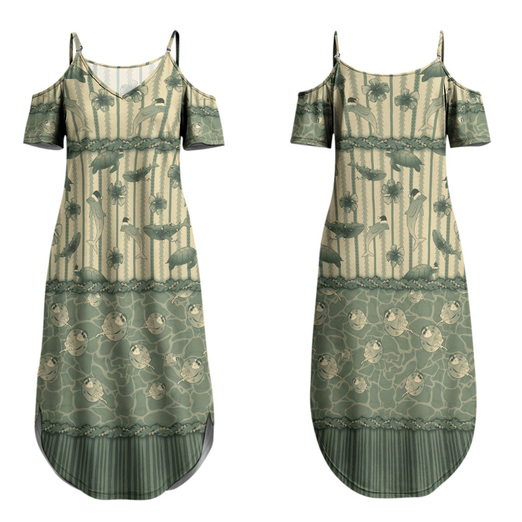Hawaii Christmas In July Couples Matching Summer Maxi Dress and Long Sleeve Button Shirt Olive Green Mele Kalikimaka Sea Animals DT05 - Polynesian Pride