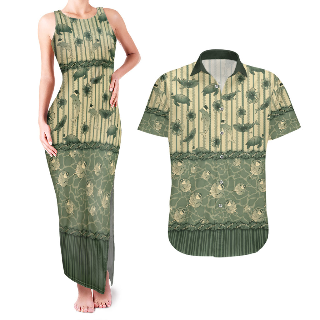 Hawaii Christmas In July Couples Matching Tank Maxi Dress and Hawaiian Shirt Olive Green Mele Kalikimaka Sea Animals DT05 Green - Polynesian Pride