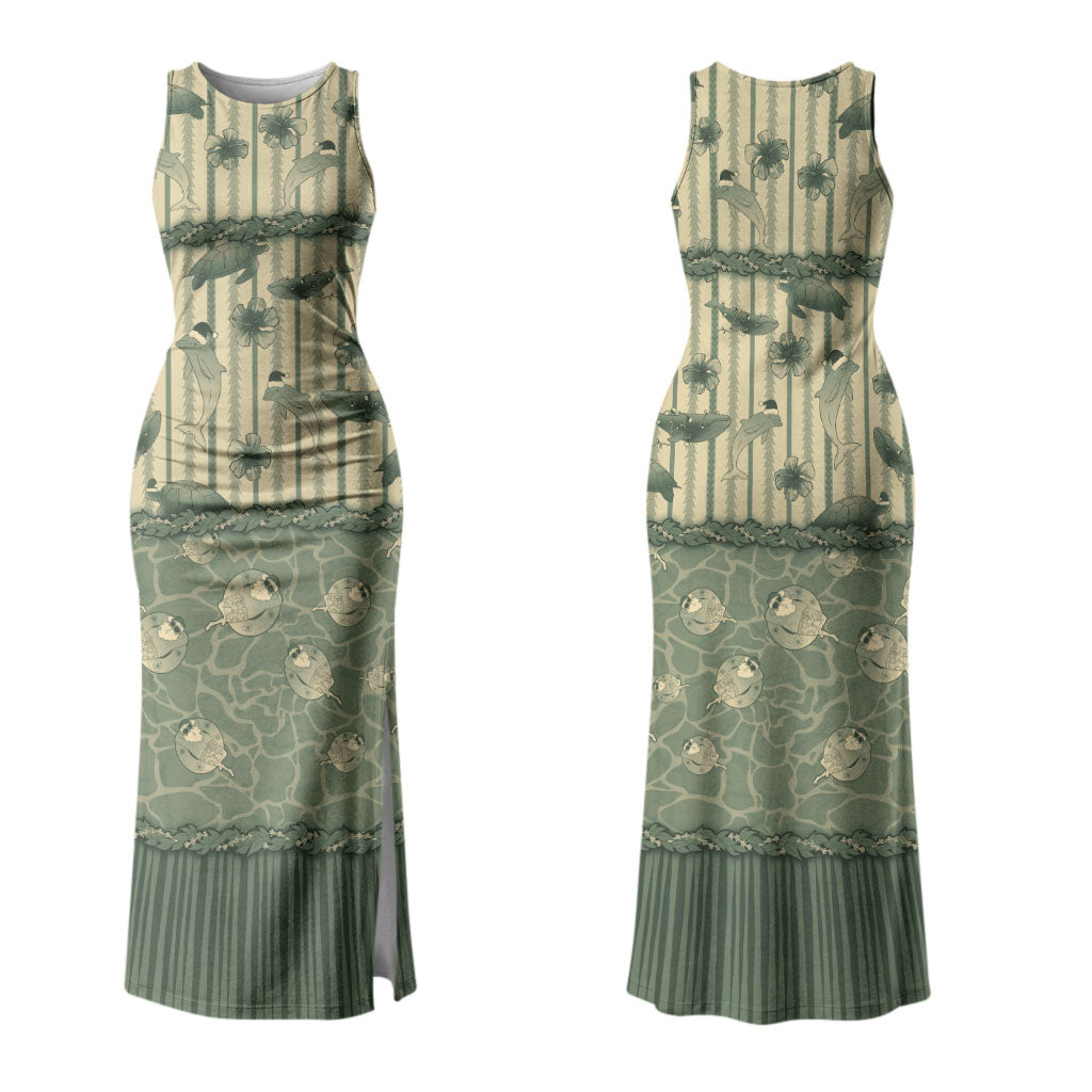 Hawaii Christmas In July Couples Matching Tank Maxi Dress and Long Sleeve Button Shirt Olive Green Mele Kalikimaka Sea Animals DT05 - Polynesian Pride