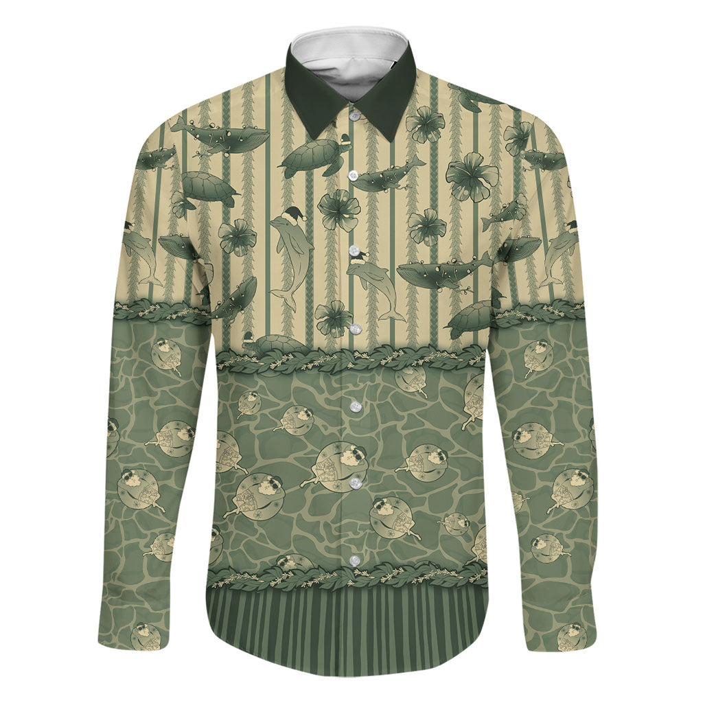 Hawaii Christmas In July Family Matching Long Sleeve Bodycon Dress and Hawaiian Shirt Olive Green Mele Kalikimaka Sea Animals DT05 Dad's Shirt - Long Sleeve Green - Polynesian Pride