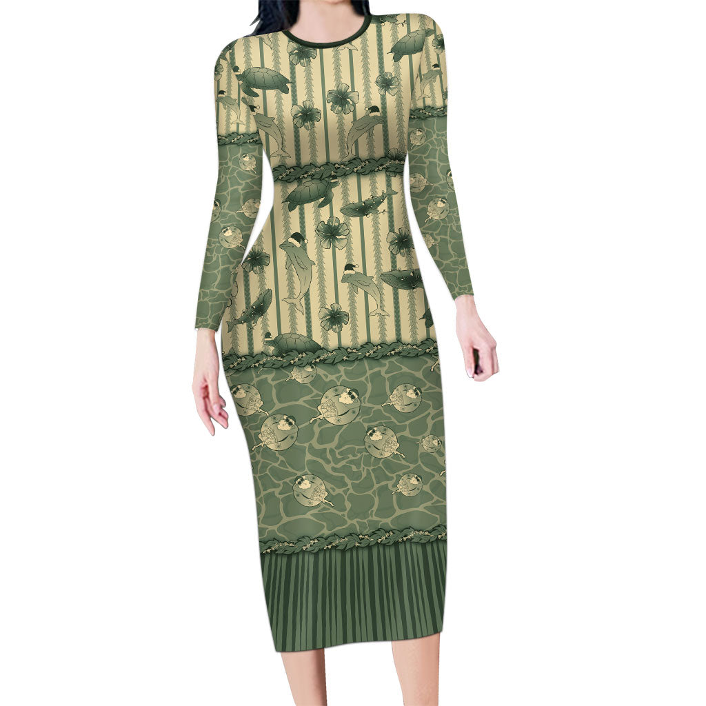 Hawaii Christmas In July Family Matching Long Sleeve Bodycon Dress and Hawaiian Shirt Olive Green Mele Kalikimaka Sea Animals DT05 Mom's Dress Green - Polynesian Pride