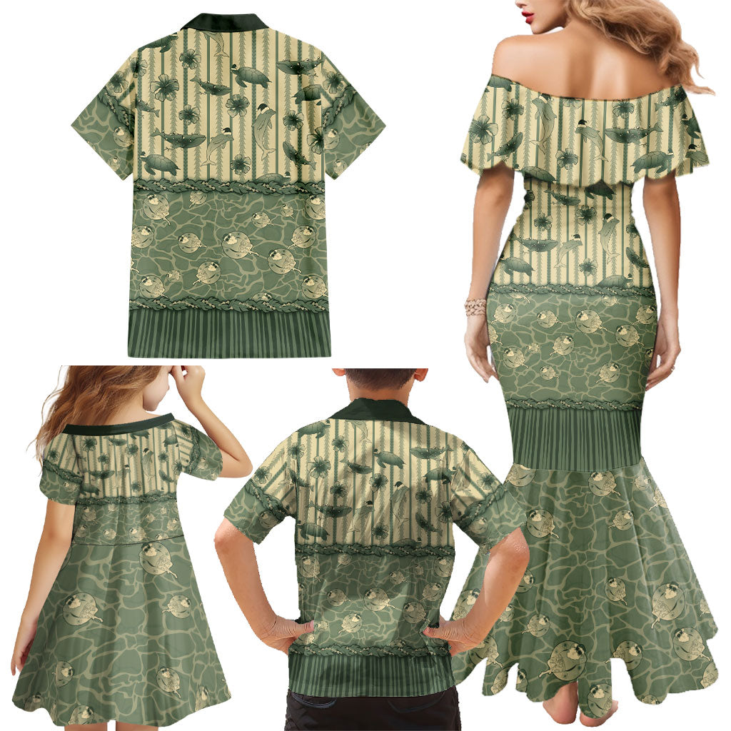 Hawaii Christmas In July Family Matching Mermaid Dress and Hawaiian Shirt Olive Green Mele Kalikimaka Sea Animals DT05 - Polynesian Pride