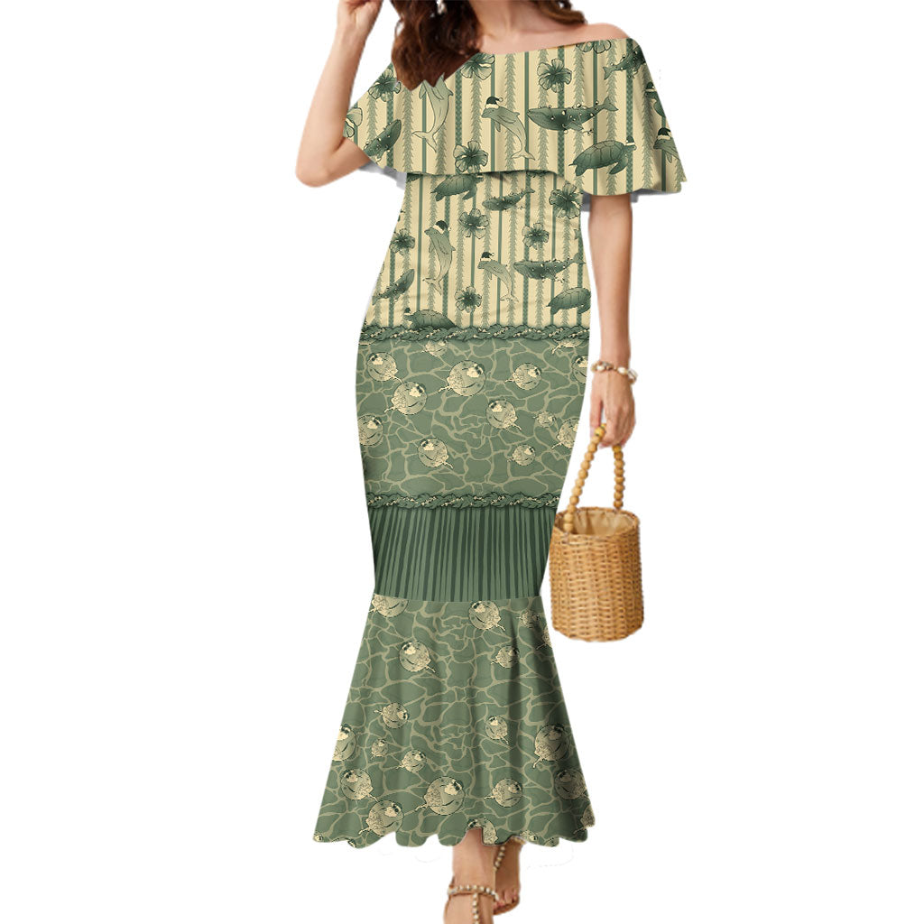 Hawaii Christmas In July Family Matching Mermaid Dress and Hawaiian Shirt Olive Green Mele Kalikimaka Sea Animals DT05 Mom's Dress Green - Polynesian Pride