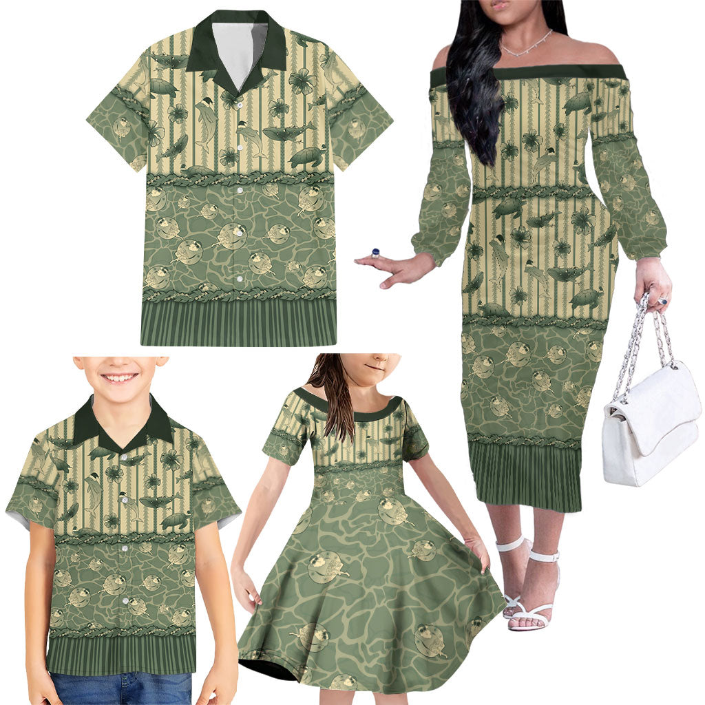 Hawaii Christmas In July Family Matching Off The Shoulder Long Sleeve Dress and Hawaiian Shirt Olive Green Mele Kalikimaka Sea Animals DT05 - Polynesian Pride