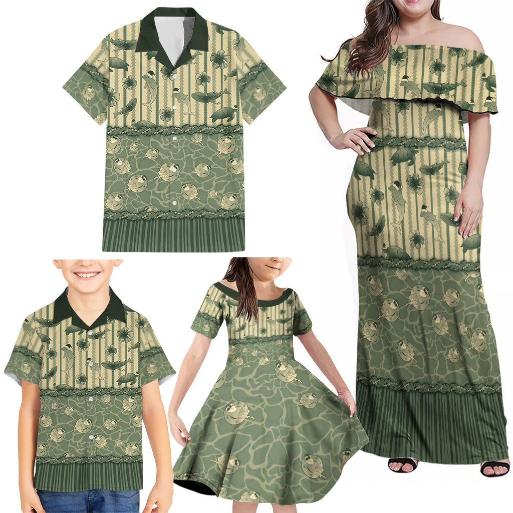 Hawaii Christmas In July Family Matching Off Shoulder Maxi Dress and Hawaiian Shirt Olive Green Mele Kalikimaka Sea Animals DT05 - Polynesian Pride