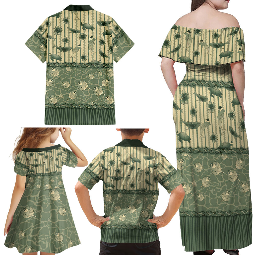 Hawaii Christmas In July Family Matching Off Shoulder Maxi Dress and Hawaiian Shirt Olive Green Mele Kalikimaka Sea Animals DT05 - Polynesian Pride