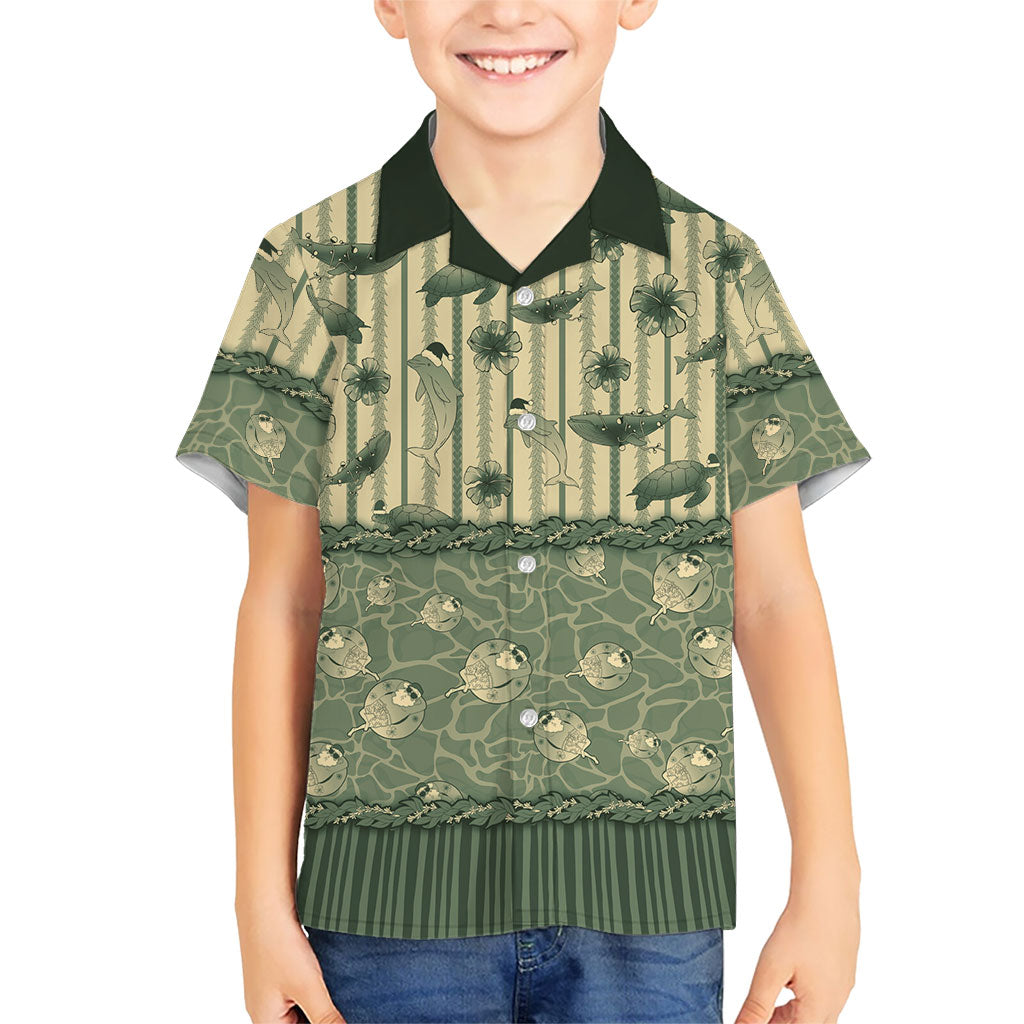 Hawaii Christmas In July Family Matching Off Shoulder Maxi Dress and Hawaiian Shirt Olive Green Mele Kalikimaka Sea Animals DT05 Son's Shirt Green - Polynesian Pride
