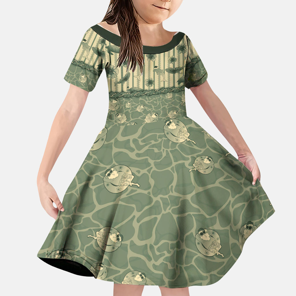 Hawaii Christmas In July Family Matching Off Shoulder Short Dress and Hawaiian Shirt Olive Green Mele Kalikimaka Sea Animals DT05 Daughter's Dress Green - Polynesian Pride