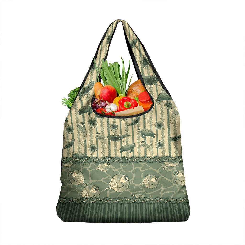 Hawaii Christmas In July Grocery Bag Olive Green Mele Kalikimaka Sea Animals