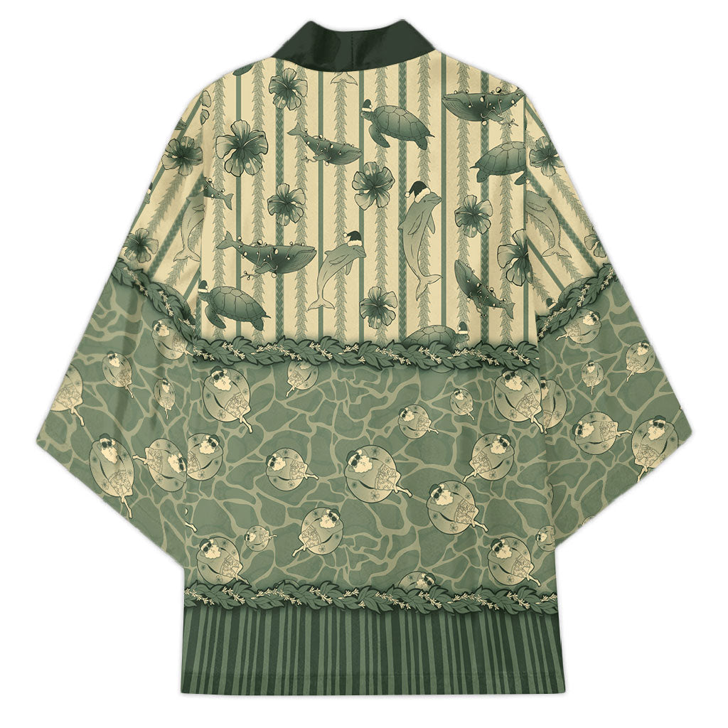 Hawaii Christmas In July Kimono Olive Green Mele Kalikimaka Sea Animals