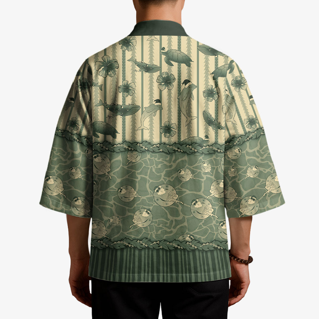 Hawaii Christmas In July Kimono Olive Green Mele Kalikimaka Sea Animals