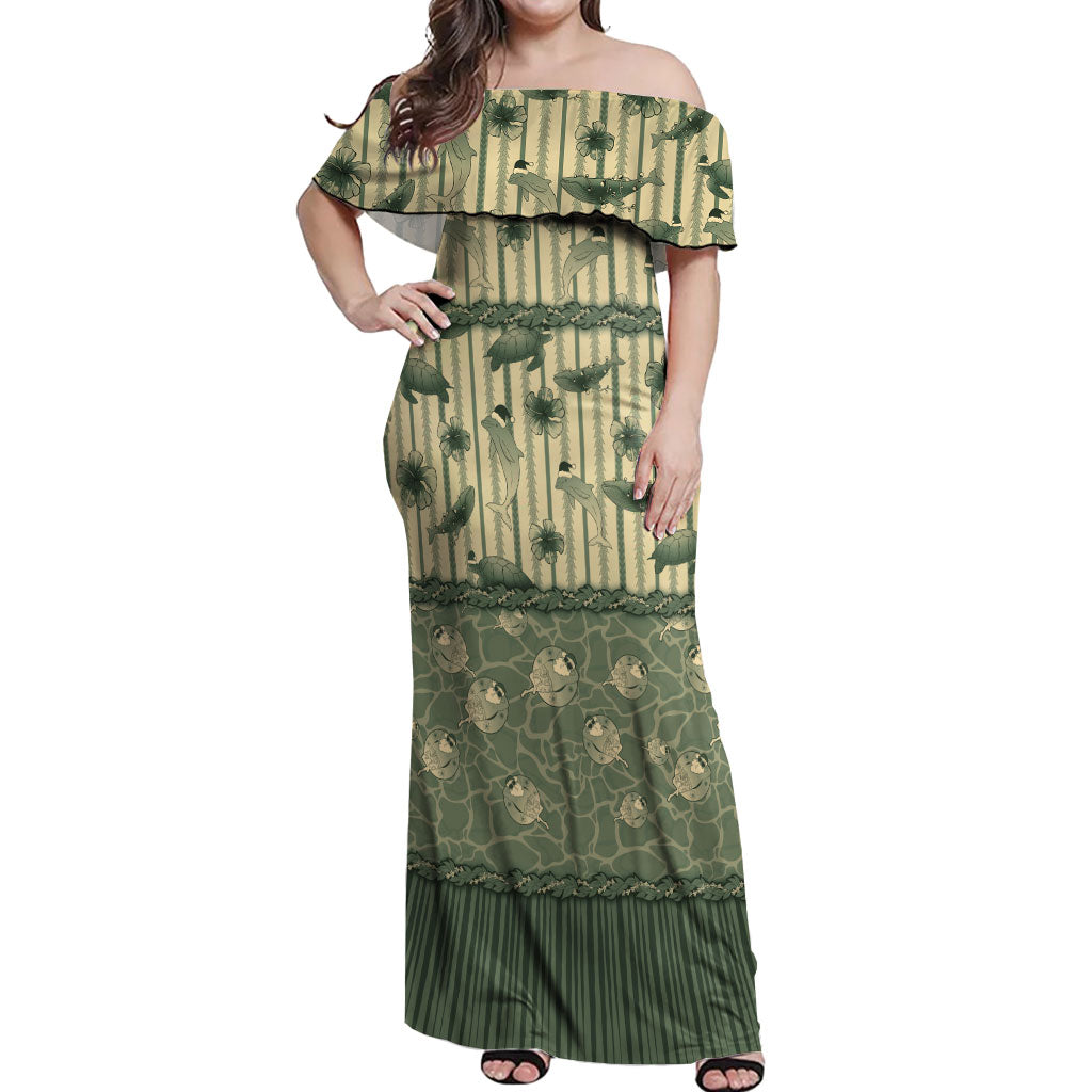 Hawaii Christmas In July Off Shoulder Maxi Dress Olive Green Mele Kalikimaka Sea Animals