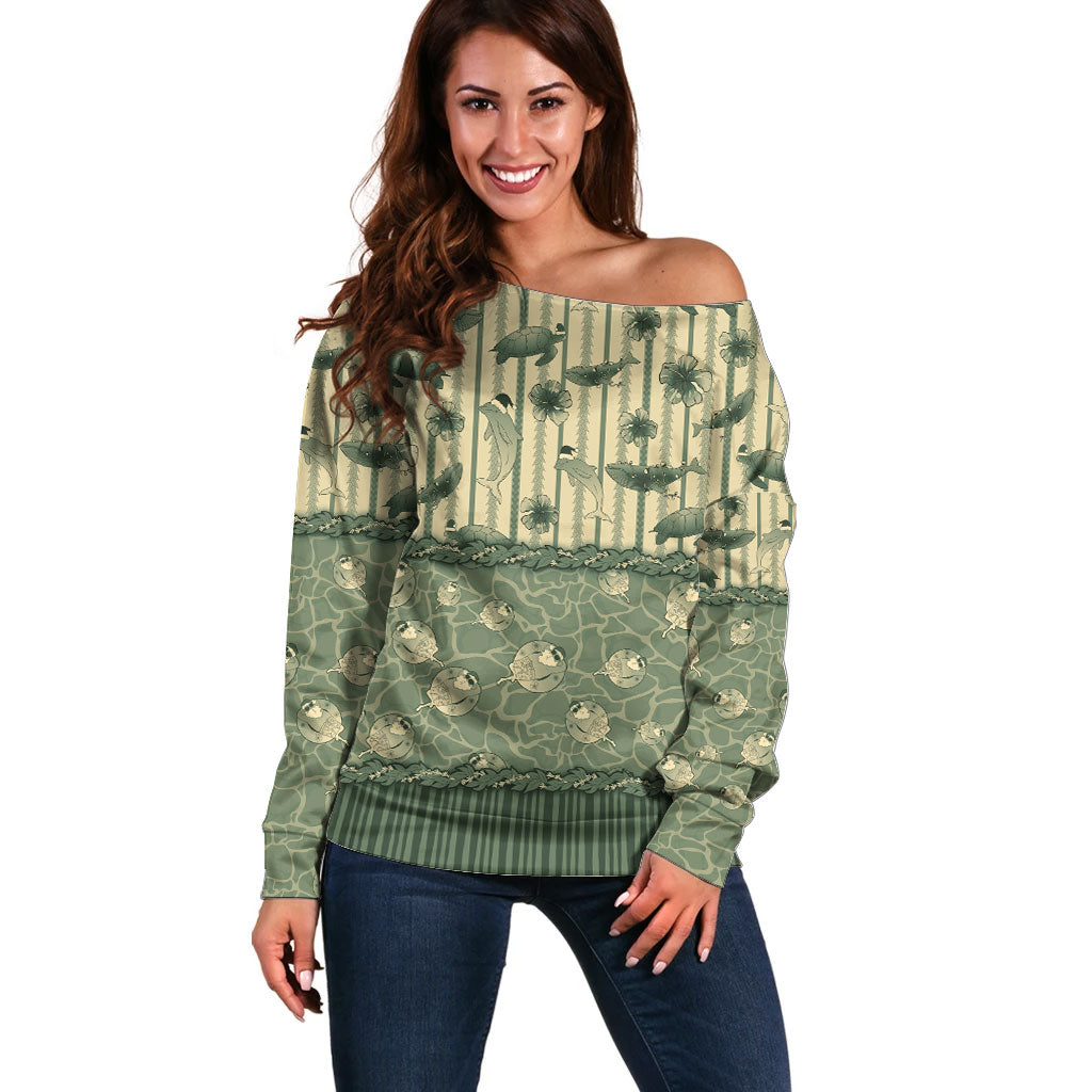 Hawaii Christmas In July Off Shoulder Sweater Olive Green Mele Kalikimaka Sea Animals DT05 Women Green - Polynesian Pride