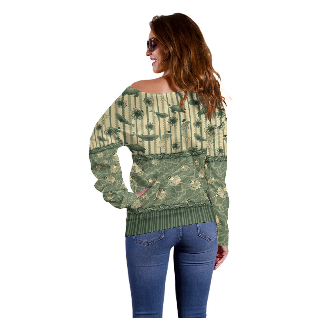 Hawaii Christmas In July Off Shoulder Sweater Olive Green Mele Kalikimaka Sea Animals DT05 - Polynesian Pride