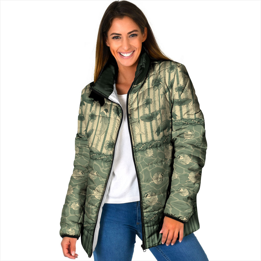Hawaii Christmas In July Padded Jacket Olive Green Mele Kalikimaka Sea Animals
