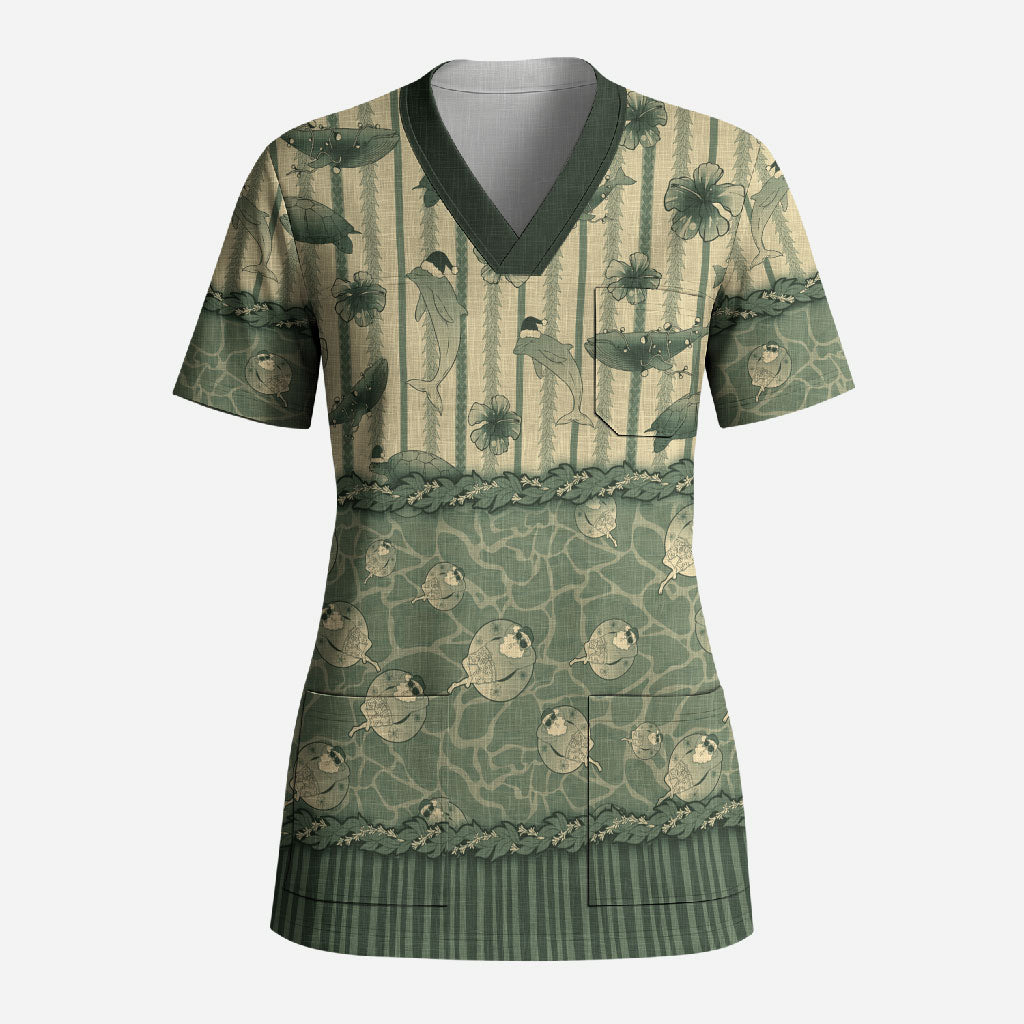 Hawaii Christmas In July Scrub Top Olive Green Mele Kalikimaka Sea Animals