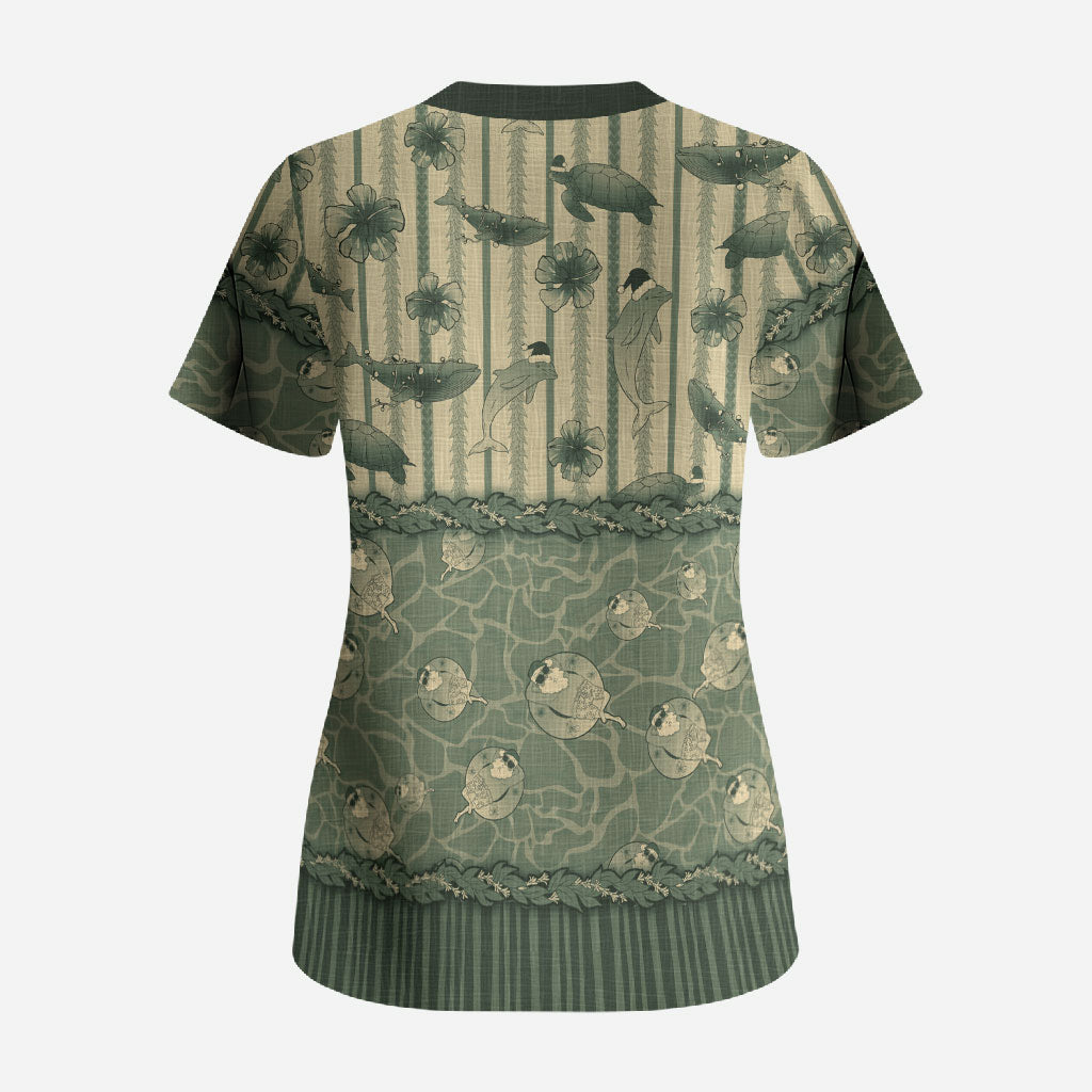 Hawaii Christmas In July Scrub Top Olive Green Mele Kalikimaka Sea Animals