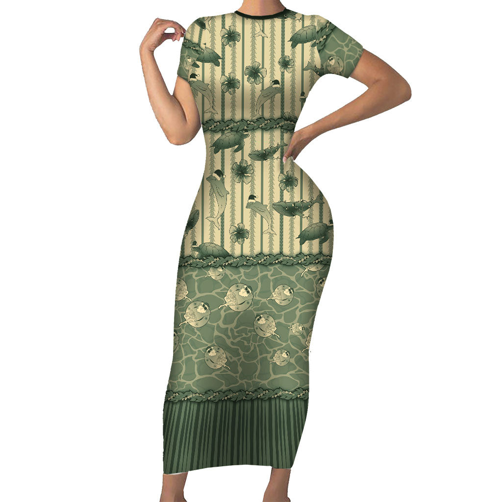 Hawaii Christmas In July Short Sleeve Bodycon Dress Olive Green Mele Kalikimaka Sea Animals