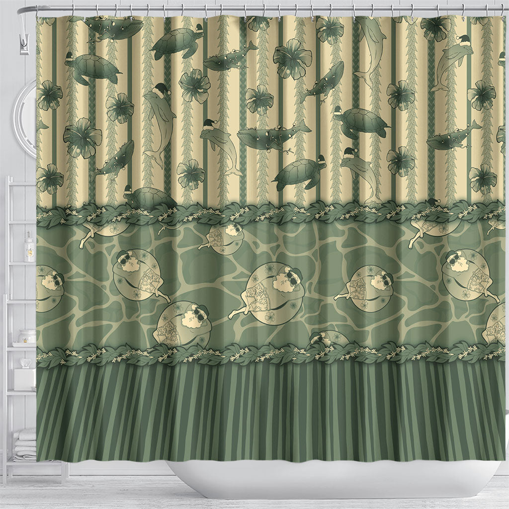 Hawaii Christmas In July Shower Curtain Olive Green Mele Kalikimaka Sea Animals