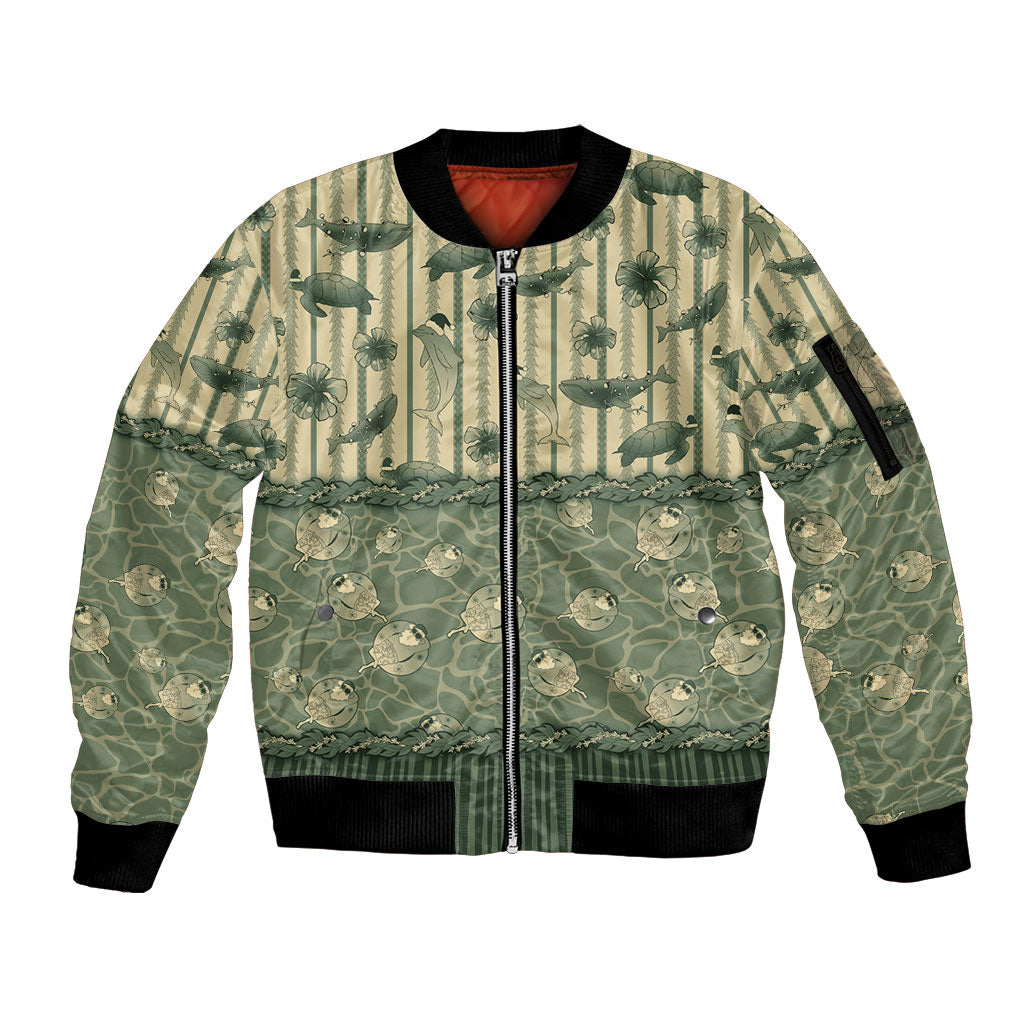 Hawaii Christmas In July Sleeve Zip Bomber Jacket Olive Green Mele Kalikimaka Sea Animals DT05 Unisex Green - Polynesian Pride