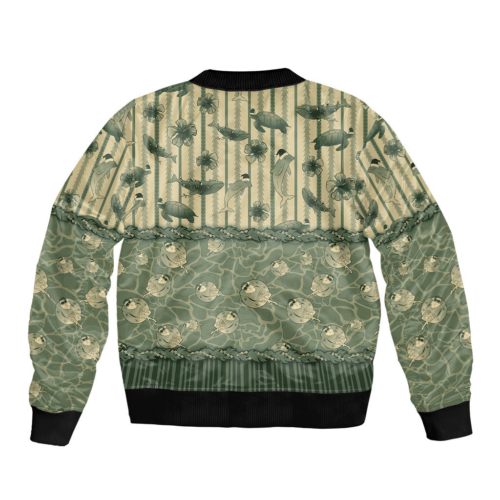 Hawaii Christmas In July Sleeve Zip Bomber Jacket Olive Green Mele Kalikimaka Sea Animals DT05 - Polynesian Pride