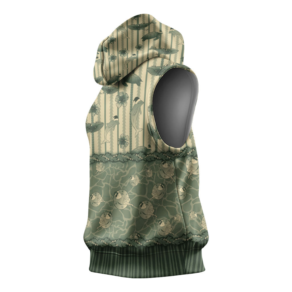 Hawaii Christmas In July Sleeveless Hoodie Olive Green Mele Kalikimaka Sea Animals DT05 - Polynesian Pride