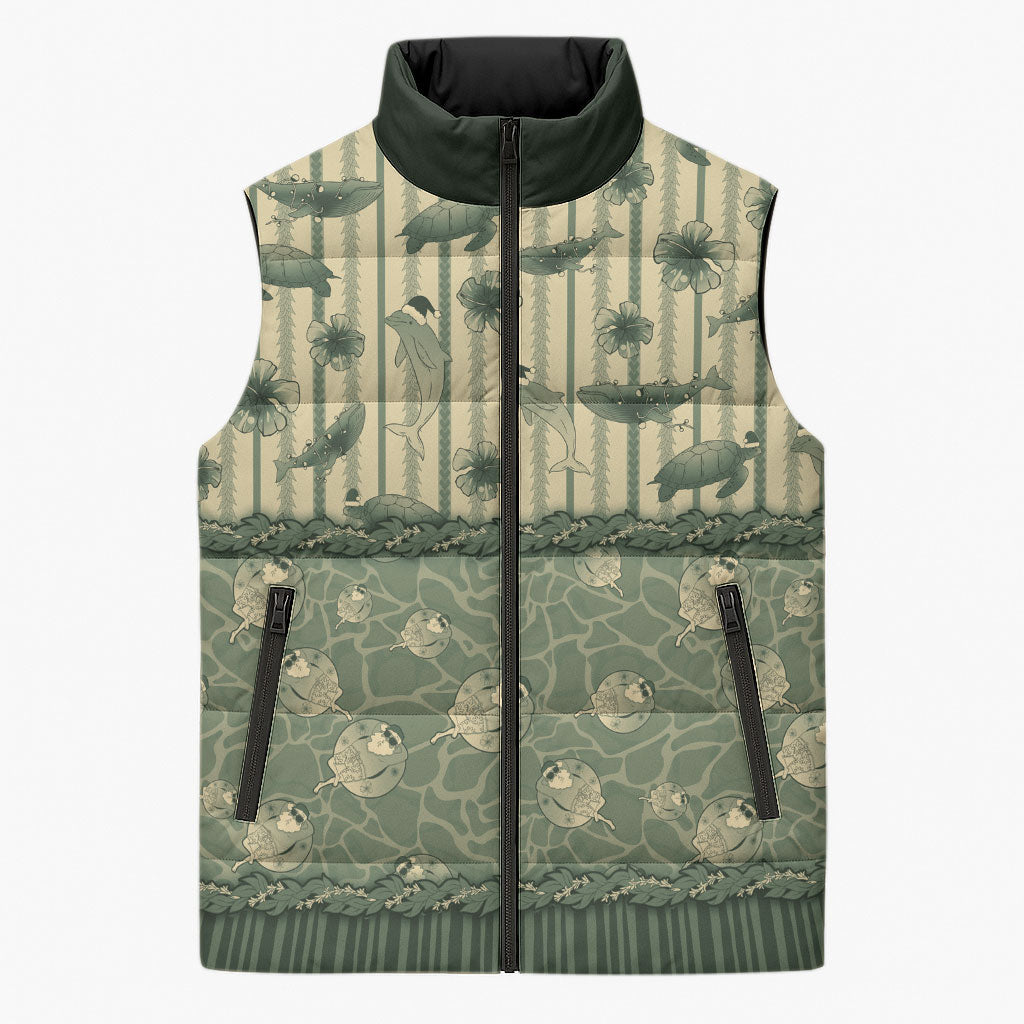 Hawaii Christmas In July Sleeveless Puffer Jacket Olive Green Mele Kalikimaka Sea Animals