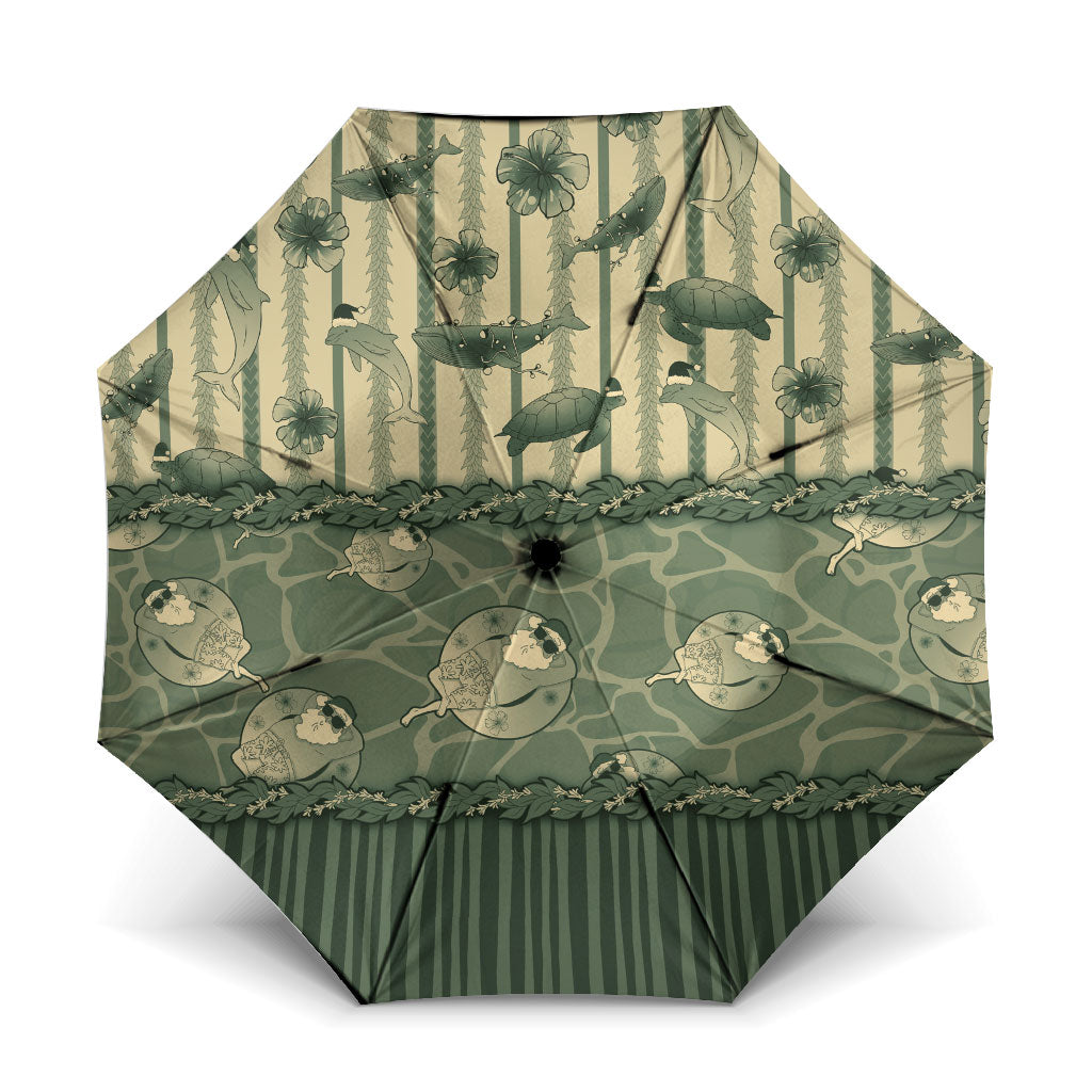 Hawaii Christmas In July Umbrella Olive Green Mele Kalikimaka Sea Animals DT05 One Size Folded 11.42 inch Opened Diameter 37.4 inch Green - Polynesian Pride