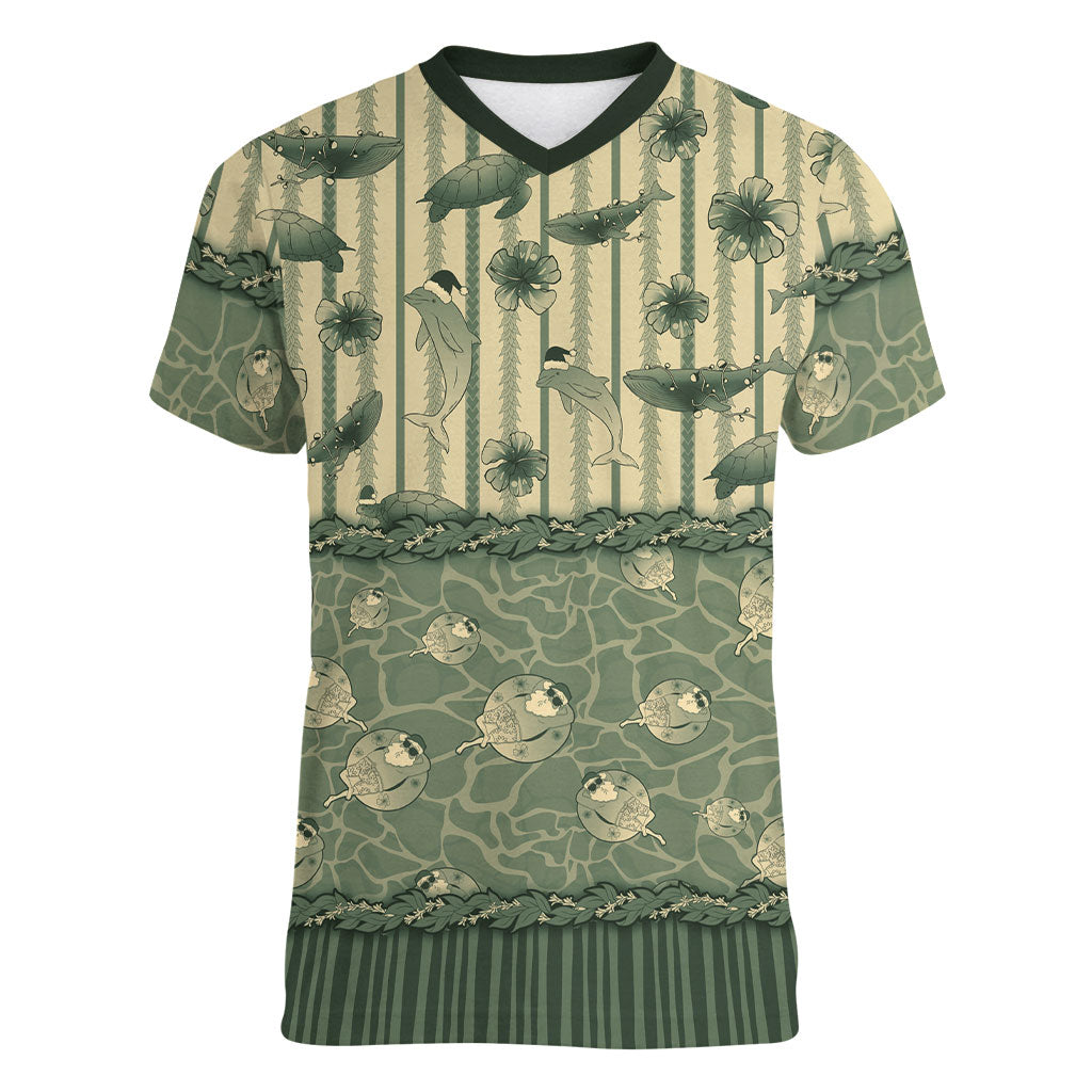 Hawaii Christmas In July Women V-Neck T-Shirt Olive Green Mele Kalikimaka Sea Animals DT05 Female Green - Polynesian Pride