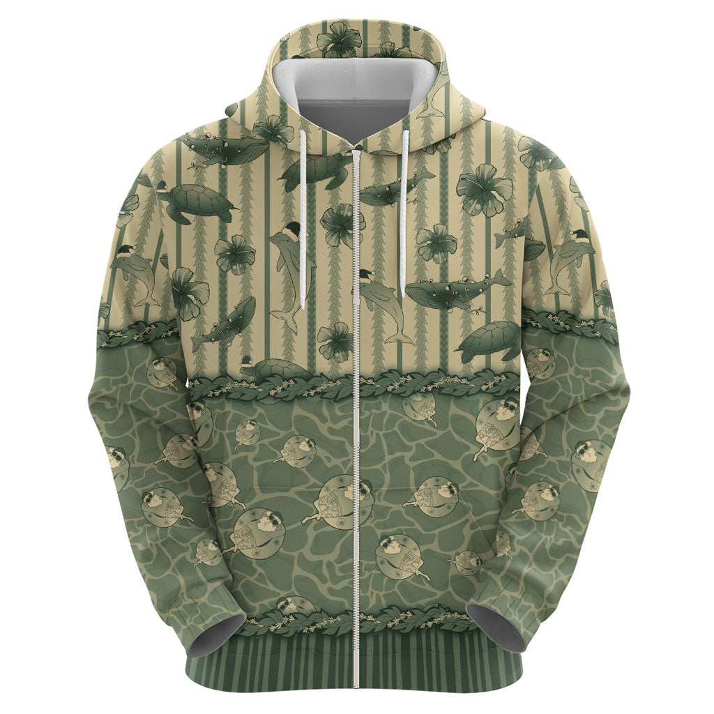 Hawaii Christmas In July Zip Hoodie Olive Green Mele Kalikimaka Sea Animals