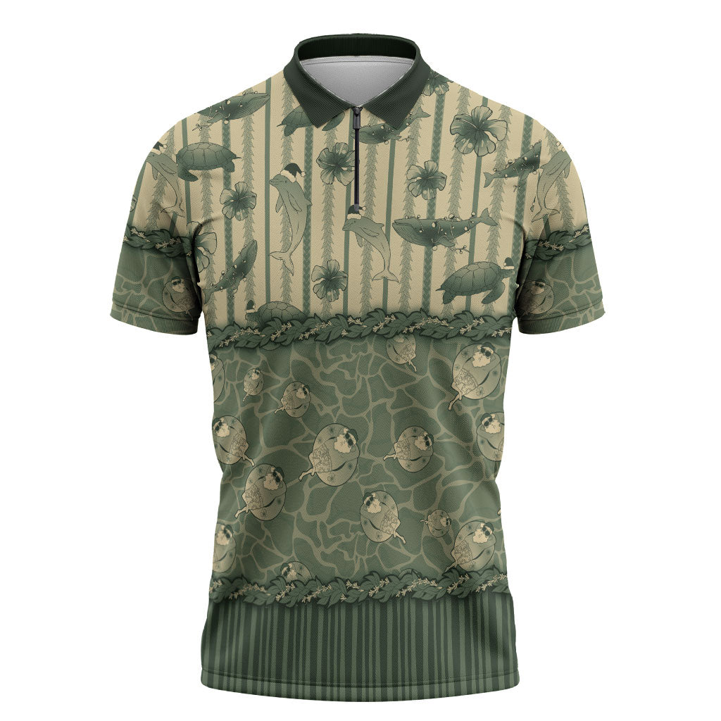 Hawaii Christmas In July Zipper Polo Shirt Olive Green Mele Kalikimaka Sea Animals