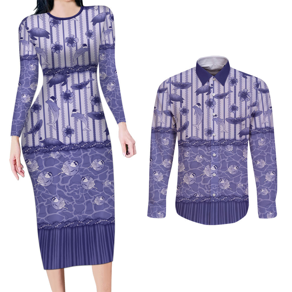 Hawaii Christmas In July Couples Matching Long Sleeve Bodycon Dress and Long Sleeve Button Shirt Amethyst Purple Mele Kalikimaka Sea Animals DT05 Purple - Polynesian Pride