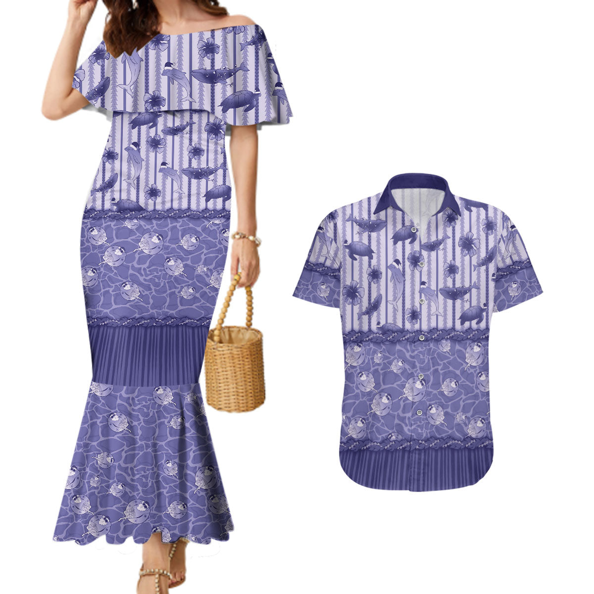 Hawaii Christmas In July Couples Matching Mermaid Dress and Hawaiian Shirt Amethyst Purple Mele Kalikimaka Sea Animals DT05 Purple - Polynesian Pride