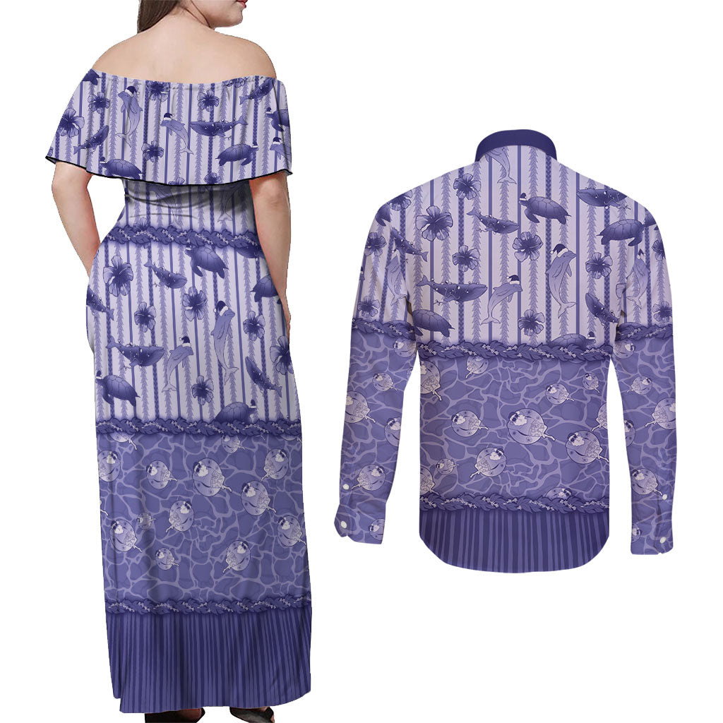 Hawaii Christmas In July Couples Matching Off Shoulder Maxi Dress and Long Sleeve Button Shirt Amethyst Purple Mele Kalikimaka Sea Animals DT05 - Polynesian Pride