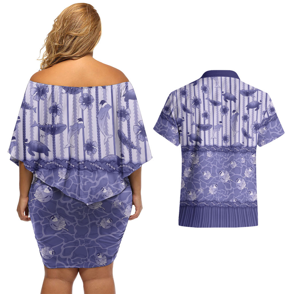 Hawaii Christmas In July Couples Matching Off Shoulder Short Dress and Hawaiian Shirt Amethyst Purple Mele Kalikimaka Sea Animals DT05 - Polynesian Pride