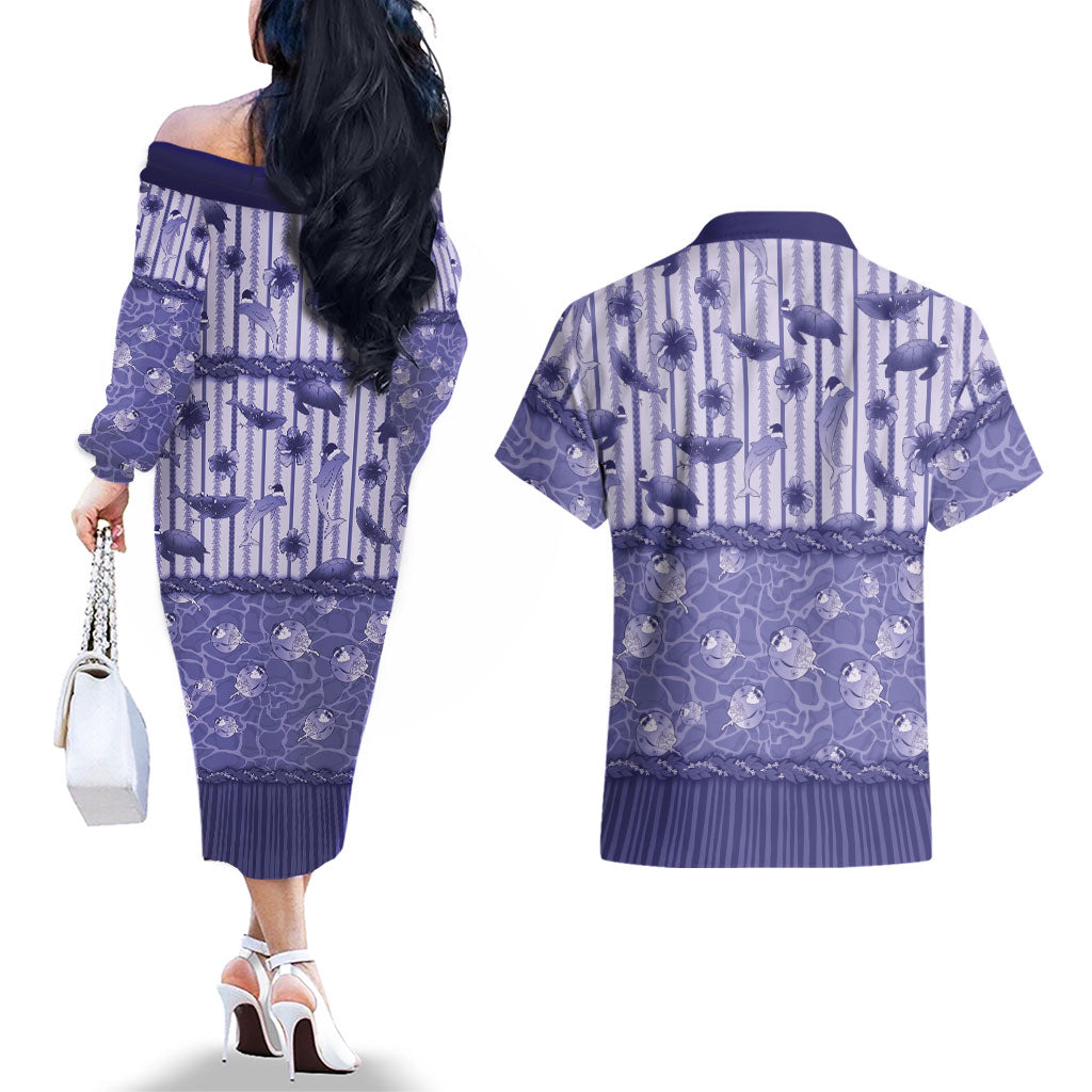 Hawaii Christmas In July Couples Matching Off The Shoulder Long Sleeve Dress and Hawaiian Shirt Amethyst Purple Mele Kalikimaka Sea Animals DT05 - Polynesian Pride