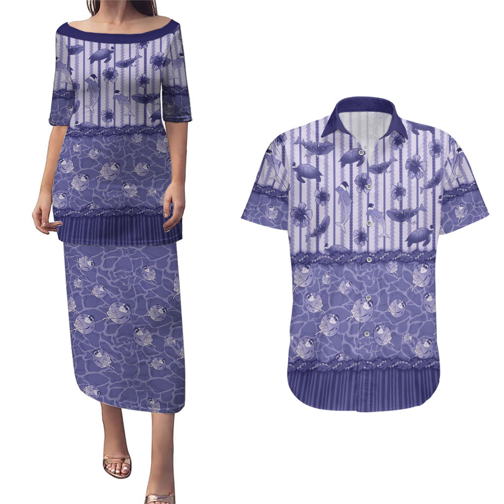 Hawaii Christmas In July Couples Matching Puletasi and Hawaiian Shirt Amethyst Purple Mele Kalikimaka Sea Animals