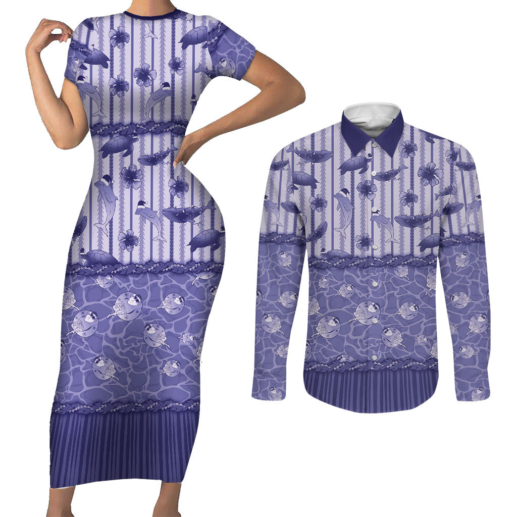 Hawaii Christmas In July Couples Matching Short Sleeve Bodycon Dress and Long Sleeve Button Shirt Amethyst Purple Mele Kalikimaka Sea Animals DT05 Purple - Polynesian Pride