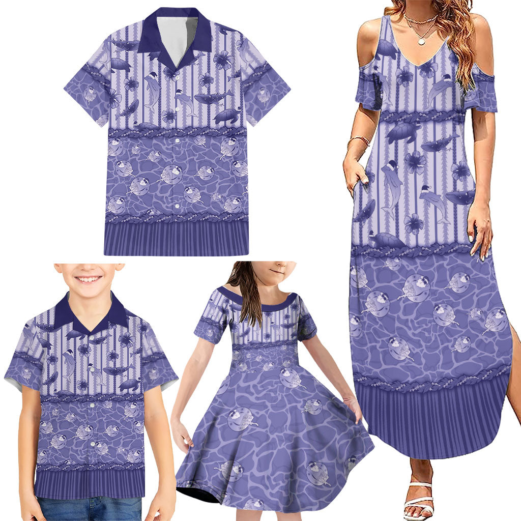Hawaii Christmas In July Family Matching Summer Maxi Dress and Hawaiian Shirt Amethyst Purple Mele Kalikimaka Sea Animals