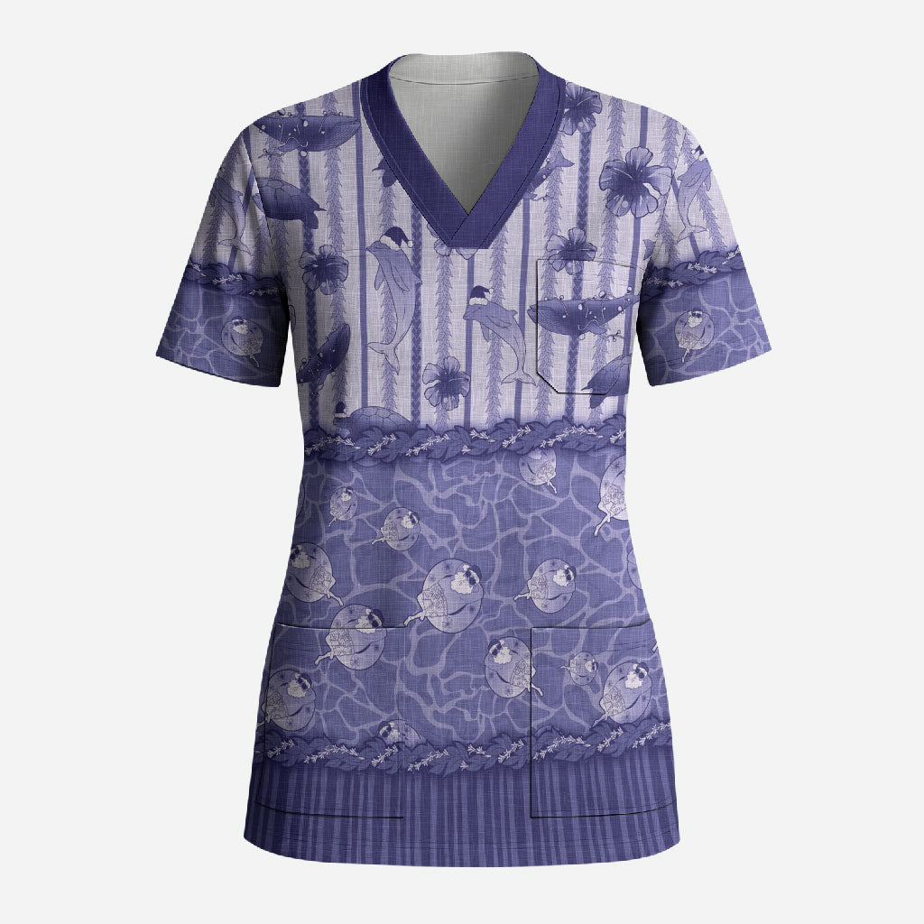 Hawaii Christmas In July Scrub Top Amethyst Purple Mele Kalikimaka Sea Animals DT05 Adult Purple - Polynesian Pride